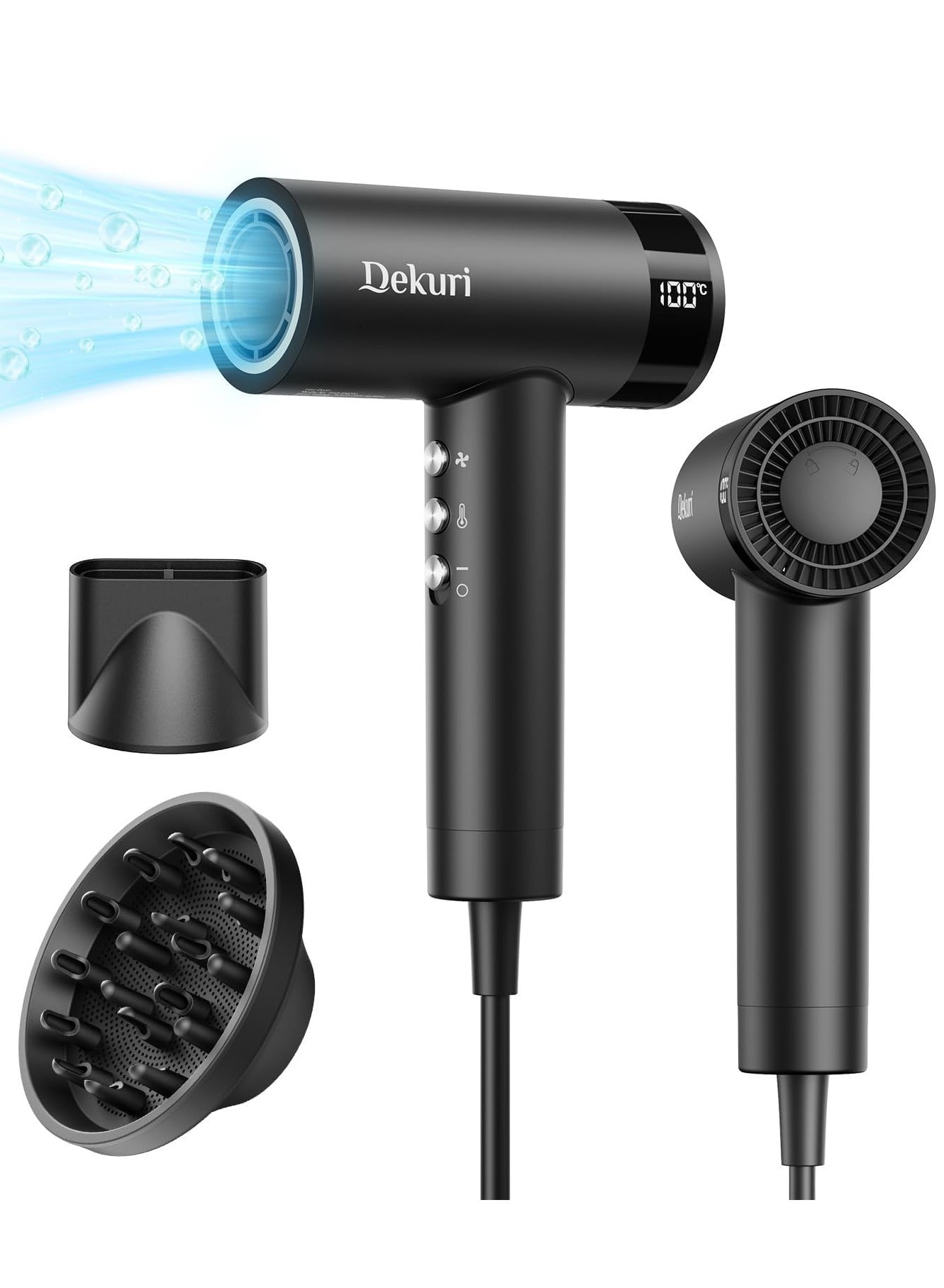 Dekuri Hair Dryer, 110,000 RPM High Speed Motor Fast Drying Hairdryer, 200 Million Ionic Lightweight Hair Dryers, Low Noise Hairdryers for Women & Men, with Magnetic Nozzle & Diffuser, Black