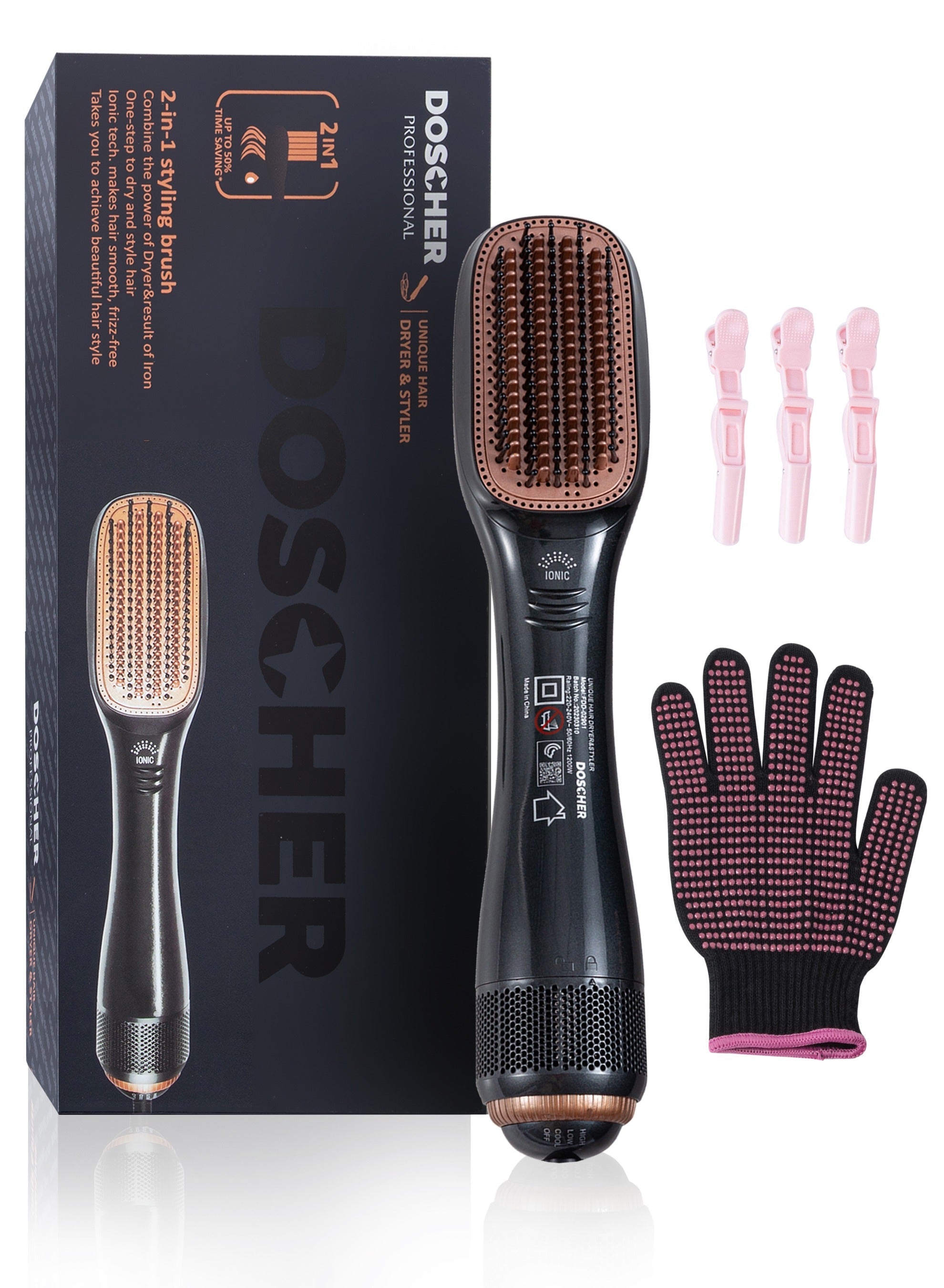 DOSCHER 1200 Watt Hair Dryer Brush Ceramic Dryer And Styler 2 In 1 Professional Black/Beige Gift box packaging