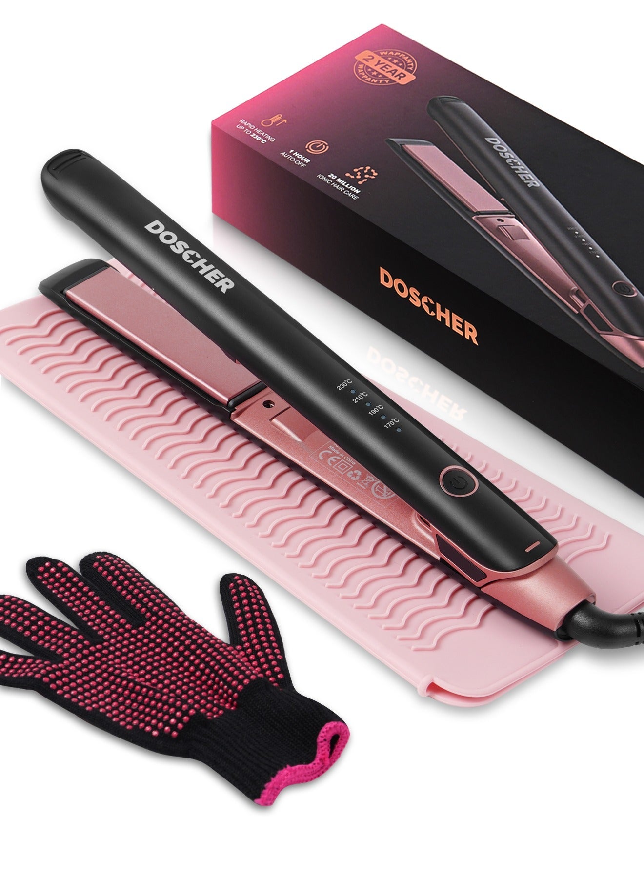 DOSCHER Hair Straightener and Curler 2 in 1 Ceramic Flat Iron - 4 Heat Settings and Heats Up to 230°C with a Heat-Resistant Silicone Pad and Gloves