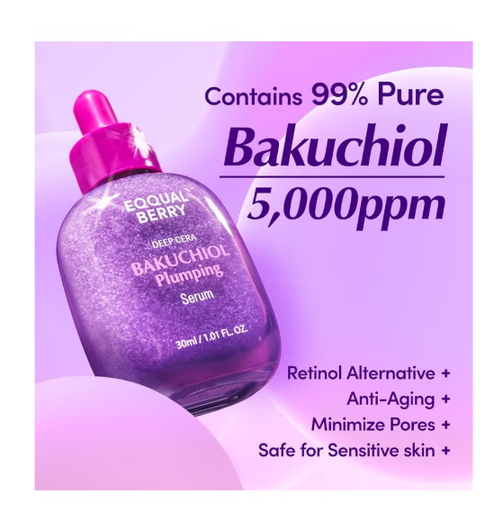 Eqqualberry Bakuchiol Plumping Serum – Pore and Wrinkle Minimizer with Bakuchiol | Retinol Alternative for Sensitive Skin | Enhances Firmness and Elasticity with Ceramide and Peptides, 1.01oz / 30ml