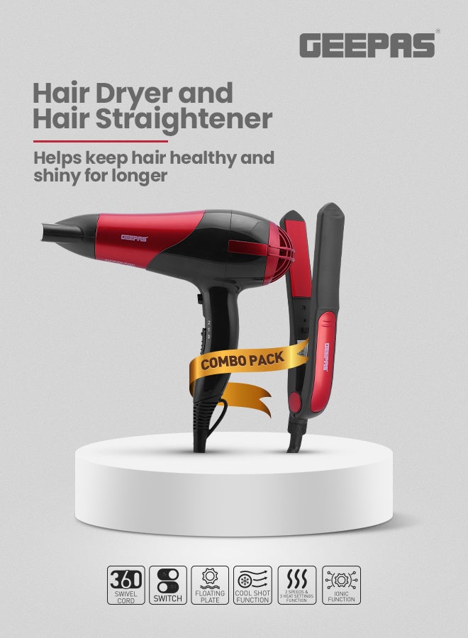 GEEPAS Hair Dryer & Hair Straightener, 2 Speed Settings, GHF86036, 2-in-1 Travel Kit of Dryer & Straightener, Professional Styler, Ceramic Coating Plates Red/Black