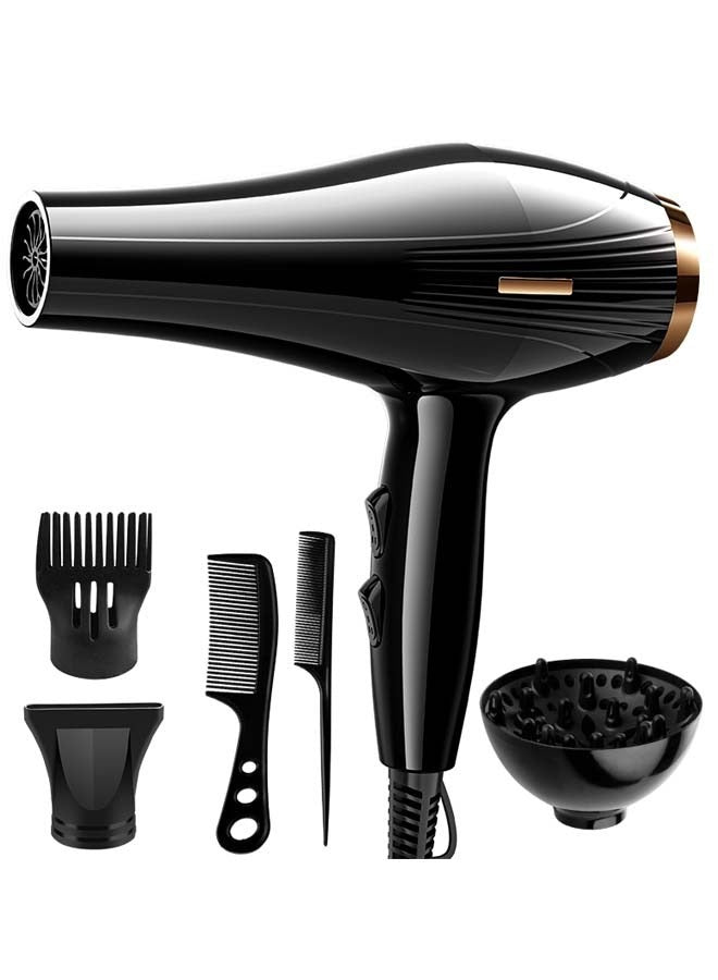 Univer Tang 6-in-1 Ionic Hair Dryer, Salon Professional Blow Dryer 2200W AC Motor Fast Drying with 2 Speed, 3 Heat Setting, with Diffuser, Nozzle, Concentrator Comb for Curly and Straight Hair，comb