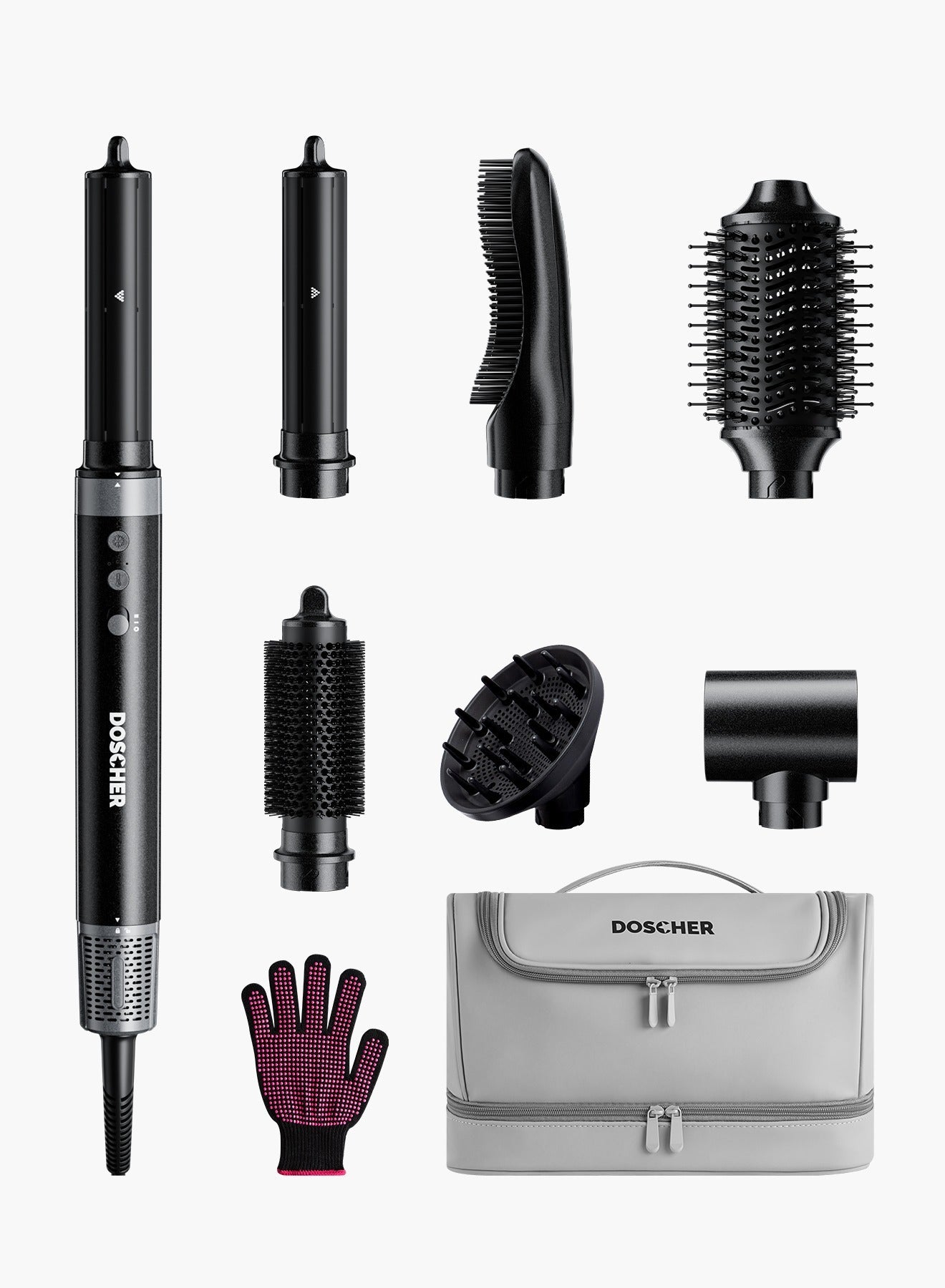 DOSCHER 1400W Professional 7-in-1 Hair Dryer & Styler with Hot Air Brush, Curling Wand, Diffuser Nozzles & Straightener Comb for Salon-Quality Styling at Homer